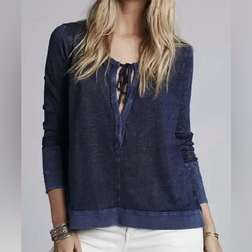Free People We the Free Affogato Hacci Linen Denim Oversized Sheer Tunic Top M